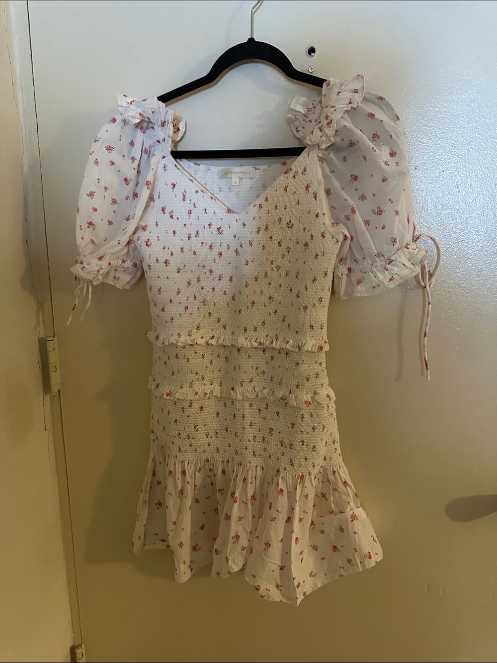 LoveShackFancy Floral Smocked Puff Sleeve V-Neck Mini Dress White Pink S